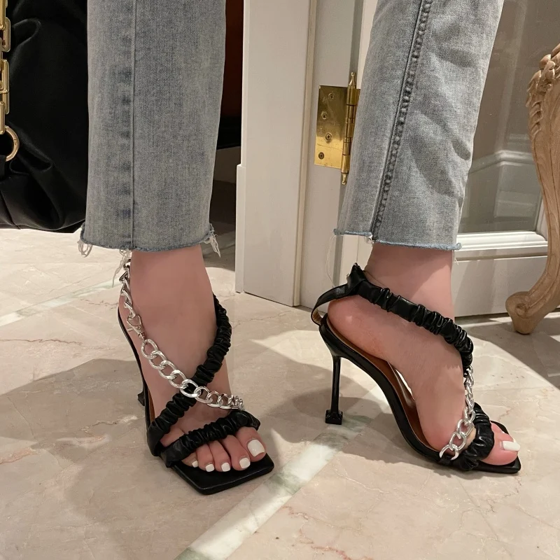 

New Summer Sandals Women 2021 Luxury Brand Fashion High Heel Square Toe Metal Chain Plus Size 42 Muller Sandals Chaussure Femme