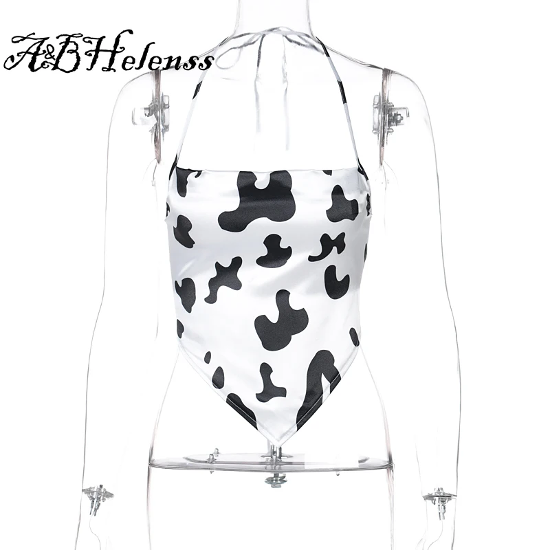 

A&BHelenss 2021 Summer Women Fashion Streetwear Outfits Cow Print Camis Sleeveless Halter Bandage Sexy Crop Top