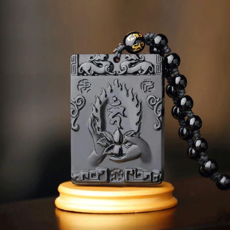 Ожерелье из бусин натурального черного обсидиана ручная работа буддийский