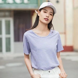 Женская хлопковая футболка с коротким рукавом, в полоску, с круглым вырезом
