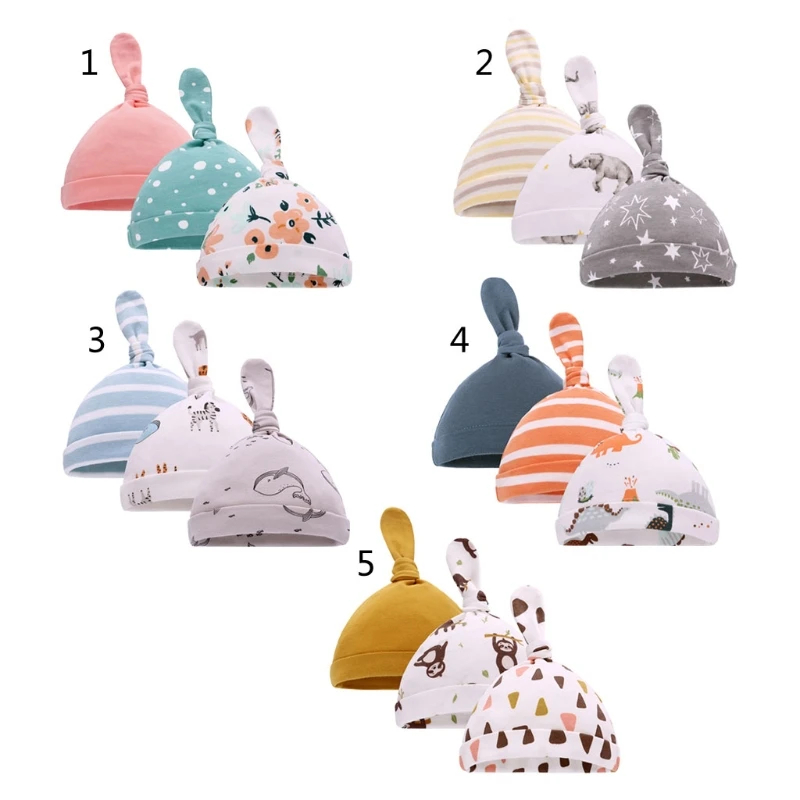 

3pcs Newborn Baby Cotton Knot Beanies Toddler Girls Sleep For 0-6 Months Infant Hats Baby Accessories
