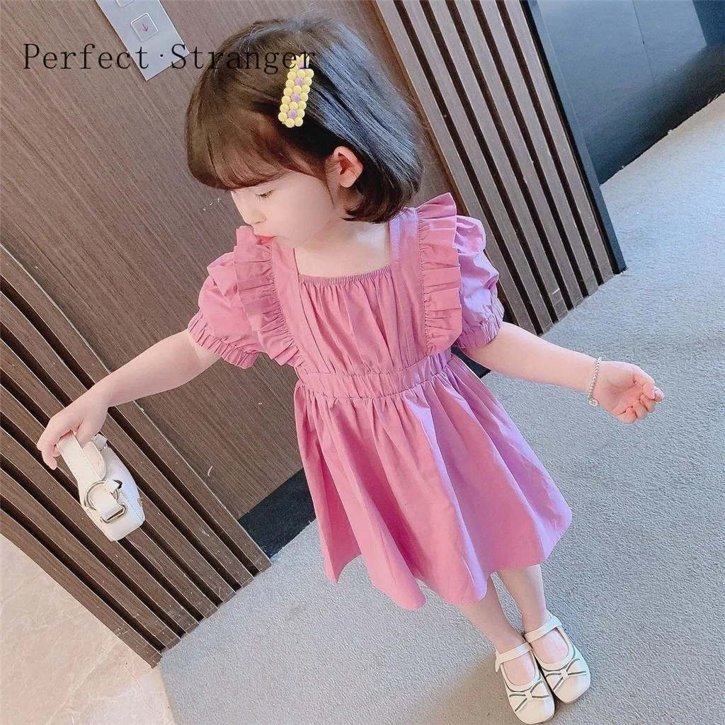 

2021 Summer New Arrival Korean Kids Lovely Square Collar Puff Sleeve 2-8 Years Old Baby Girl Dresses
