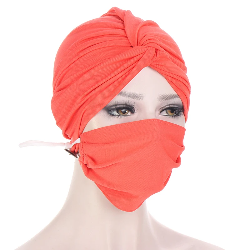 

Women Turban Hat With Button Simple Solid Color Head Wrap Mask Holder Headscarf Female Muslim Caps Ladies Casual Turban Headwear