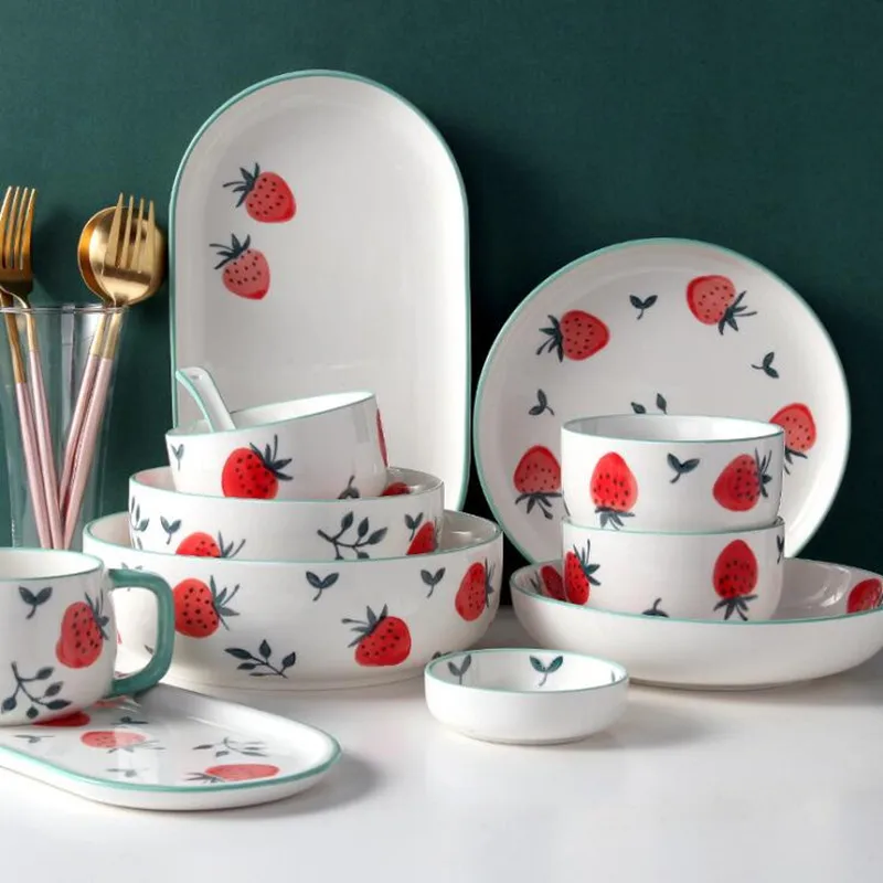 

Cute Strawberry Kitchen Ceramic Plate Tableware Set Food Dishes Rice Steak Salad Noodles Bowl Soup Kitchen Cook Tool 1pc