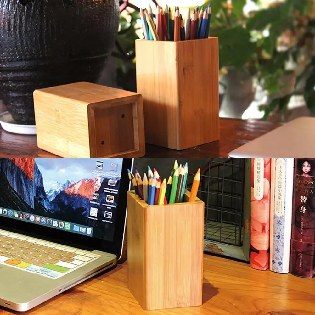 

HOT SALES!!! Square Bamboo Student Desktop Pen Pencil Holder Stationery Organizer Storage Box