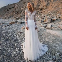 bohemian long sleeves wedding dress tulle v neck lace appliques bridal gowns beach a line boho vestidos de novia robe de mariee