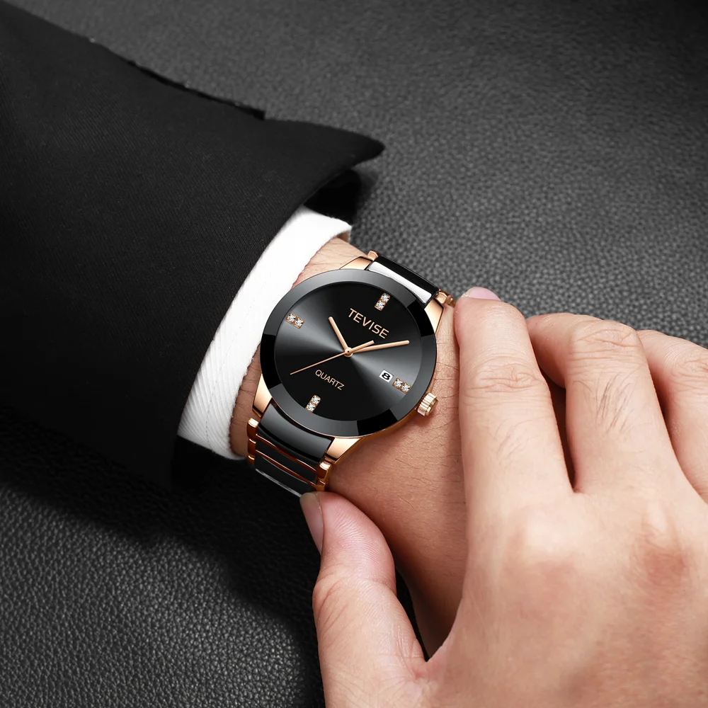 TEVISE кварцевые мужские часы модные черные повседневные календарь Авто наручные с