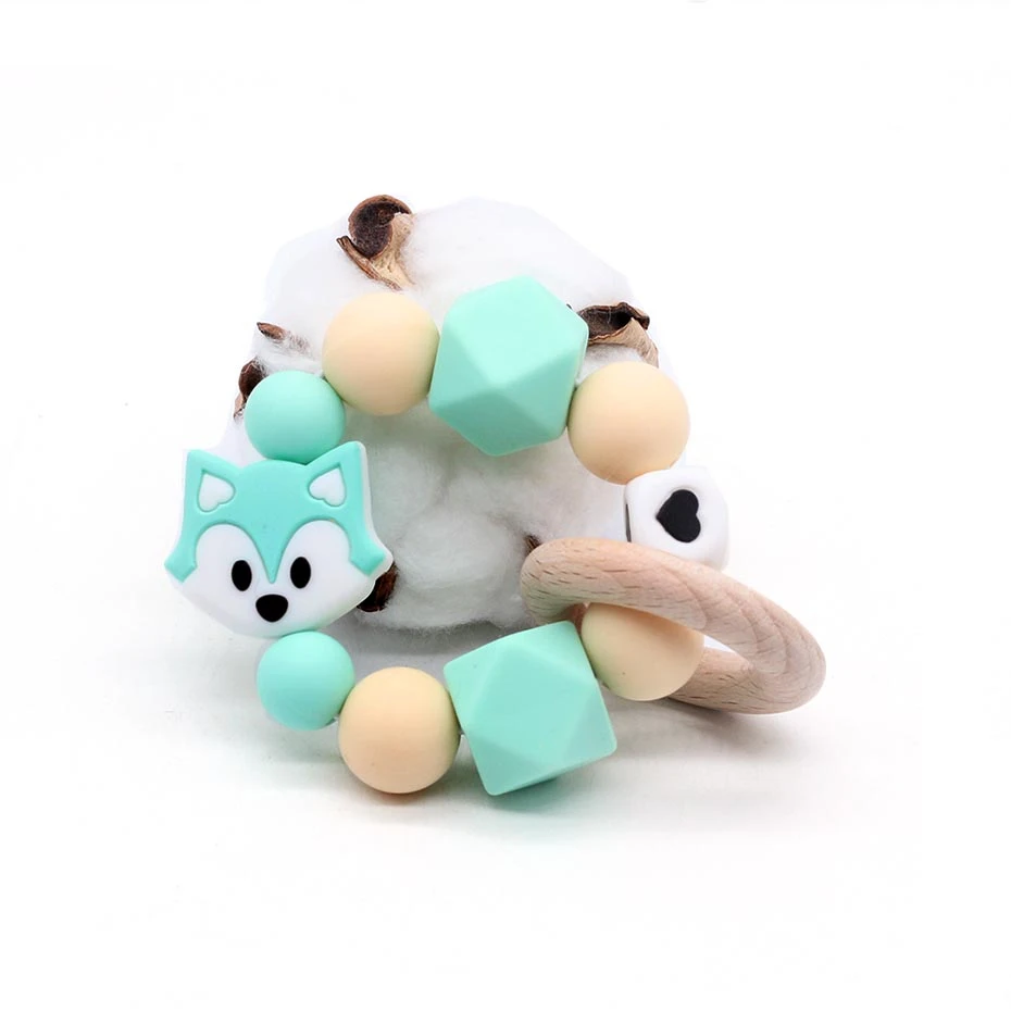 

1pc Silicone Baby Teething Bracelet Silicone Beads Round Rattle Natural Wood Ring Food Grade Silicone Baby Teether