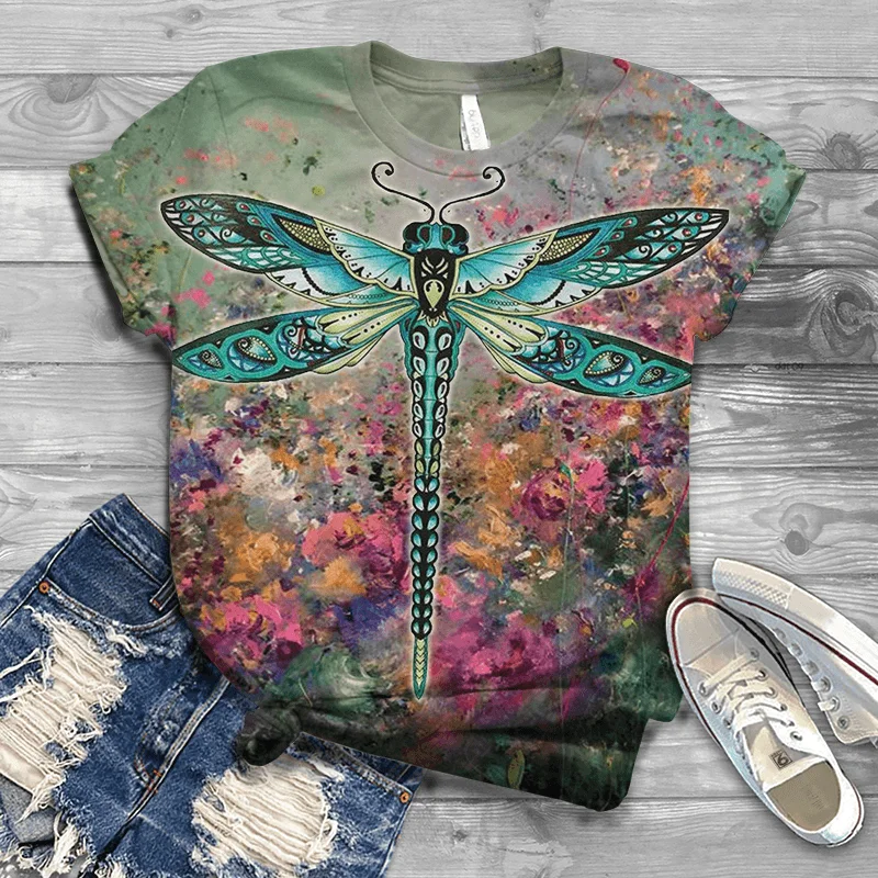 

Original Ladies T-shirt O-neck Small Size Large Size T-shirt Color Dragonfly New Animal Color Short Sleeve T-shirt Ladies T-shir