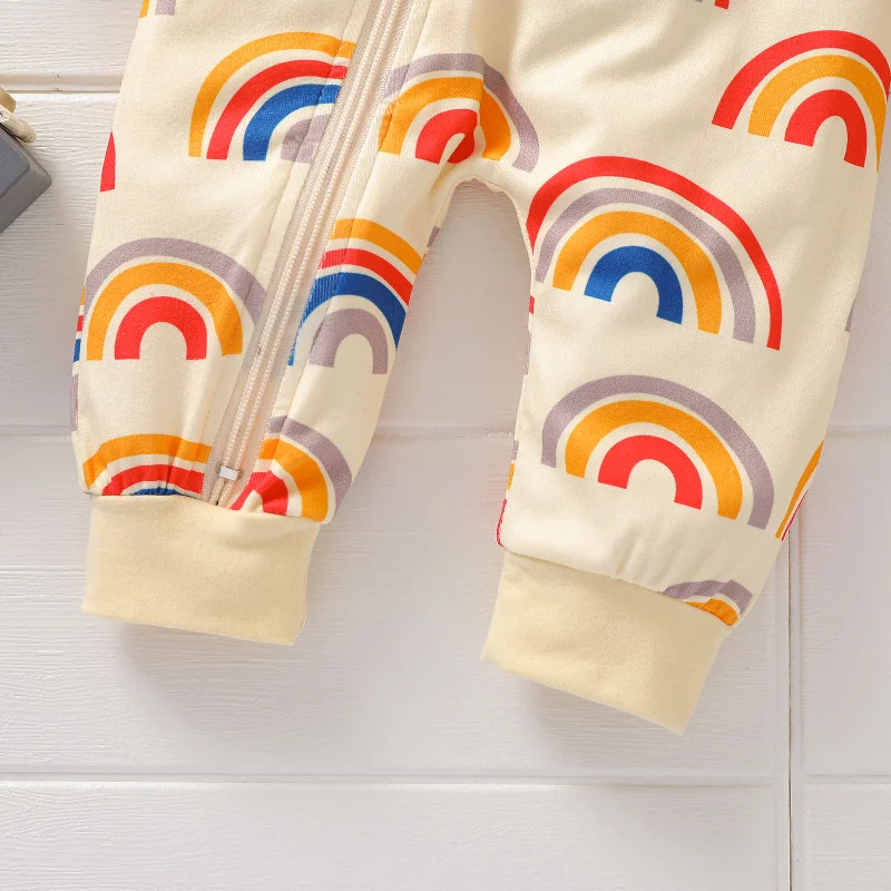 

Unisex Infant Baby Boy Girl Long Sleeve Rainbow Printed Pattern Round Collar Zipper Open Front Jumpsuit One-piece Clothes Set