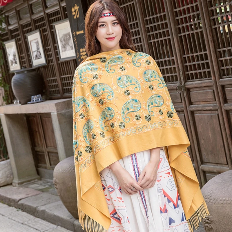 Модный платок желтого цвета с вышивкой цветов зимний пашмина кашемировый шарф для женщин с теплыми кистями на большом размере Шаль.