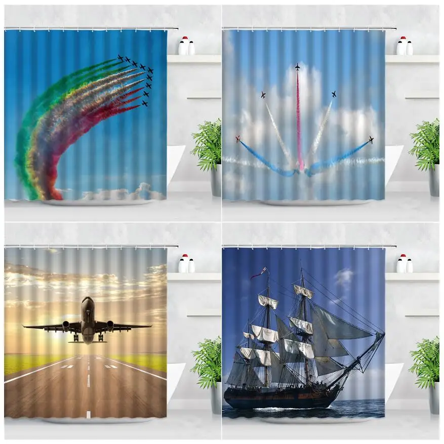 

Airplane Sailboat Bathroom Shower Curtains Modern Creative Color Smoke Printing Waterproof Fabric Decor Screen Bath Curtain Sets