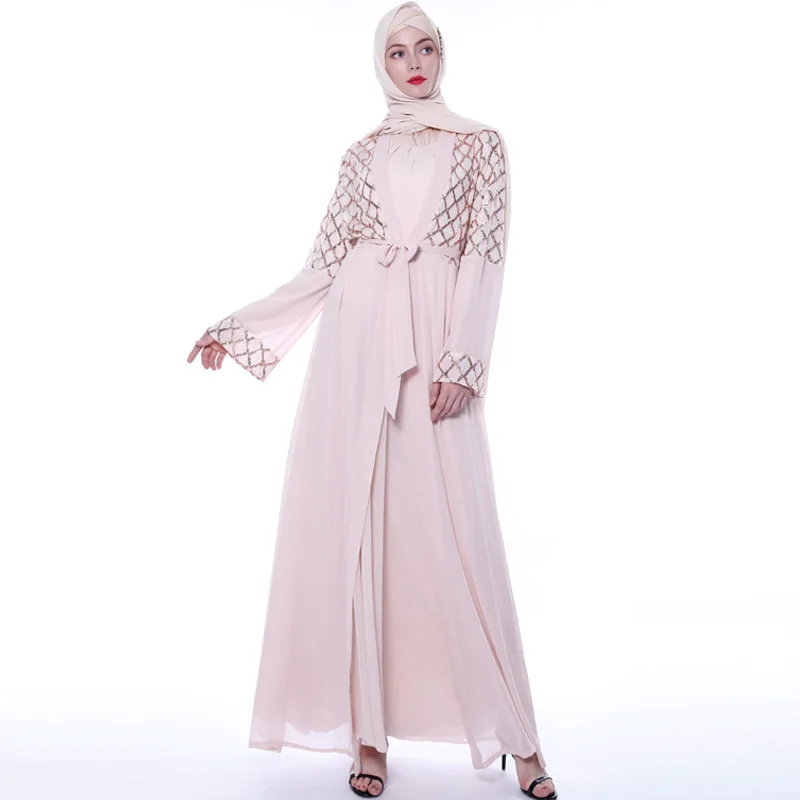 latest Dubai long-sleeved dress Muslim party Abaya ladies Arabian lace cardigan patchwork Turkish Islamic prayer gown robe