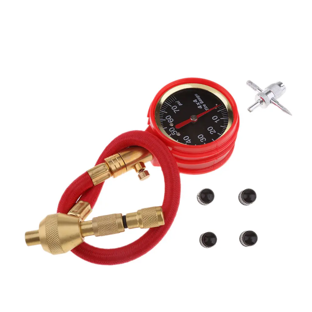 Red Mechanical Pointer Tire Pressure Gauge Tyre Deflator Kit with 4 Valve for Automobile Cars Trucks Repair Tools |