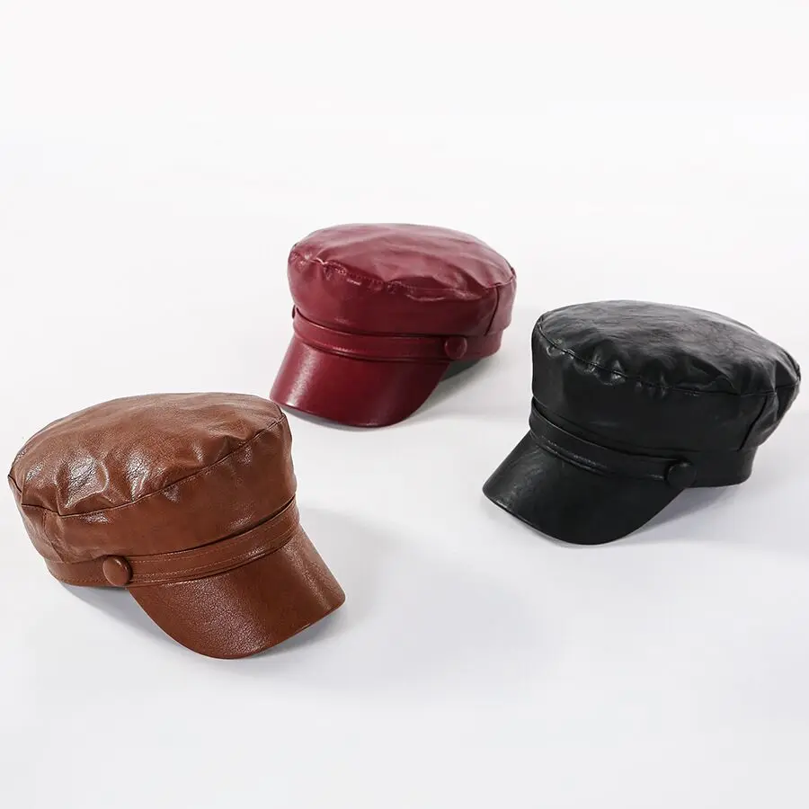 Women Fashion Leather Military Hats Winter Vintage Black Leather Snapback Caps Female Newsboy Hat Casequette Beret Caps