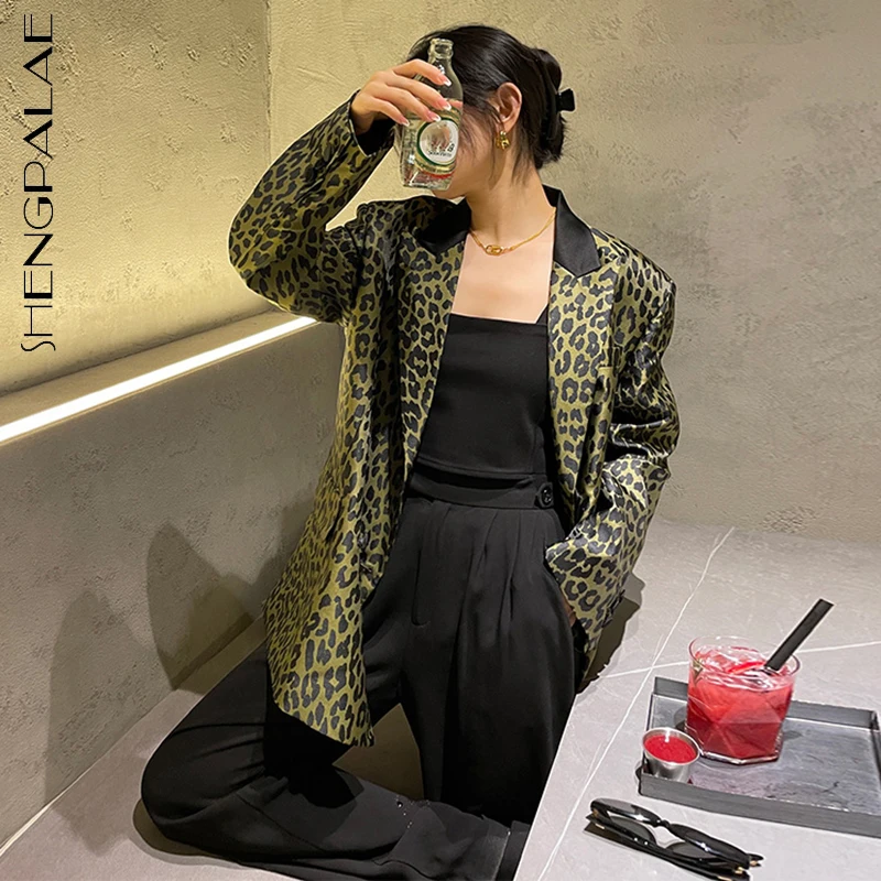 

SHENGPALAE Green Leopard Print Blazer Women's Spring Autumn 2021 New Notched Large Size Double Breasted Long Sleeve Suit Coat