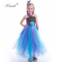 girls christmas dress with headband set peacock feather children clothing christmas party tutu dress princess costume for kids