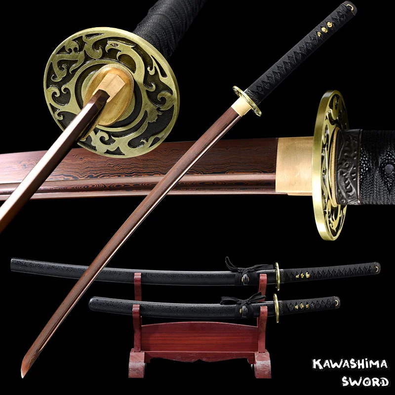 

2pc/Set Forged Damascus Steel Swords Planting Red Blade Full Tang Sharp Ready Black Mat-Kuro Suzaku Katanas/Wakizashi-Hot Sale