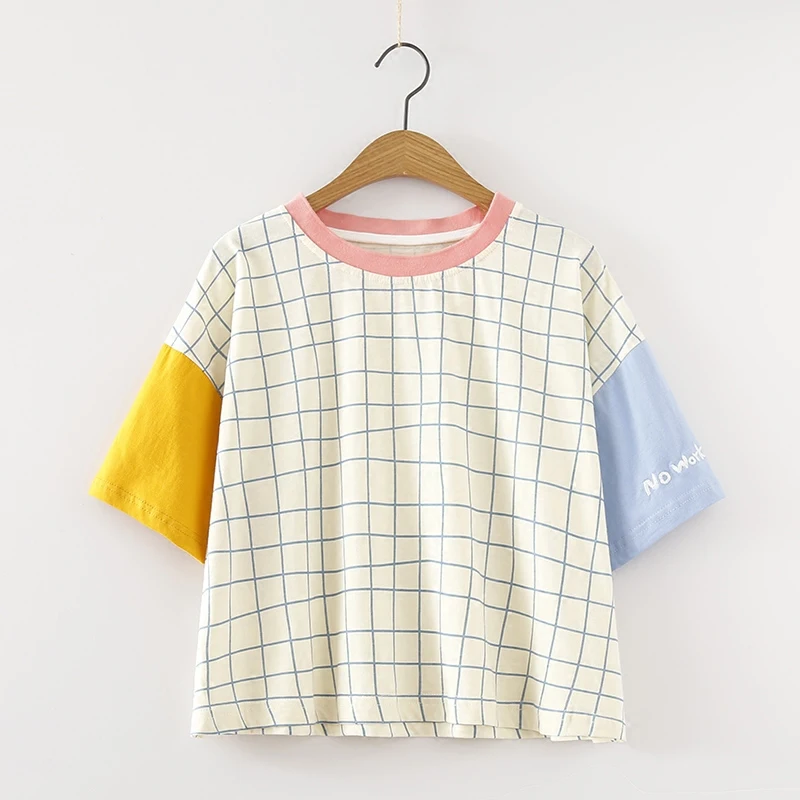 2019 летние клетчатые женские футболки в стиле Харадзюку модные Лоскутные