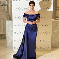 navy blue long evening dresses mermaid 2021 off the shoulder lace up satin prom dress simple formal gowns robe de soiree