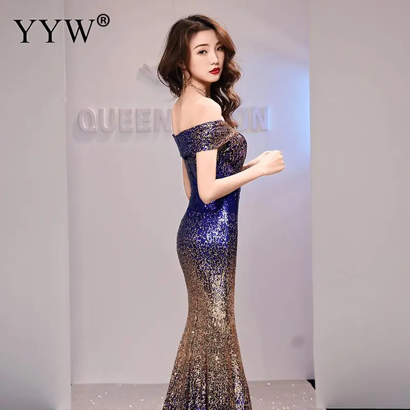 Сексуальное вечернее платье с открытыми плечами и блестками женское длинное