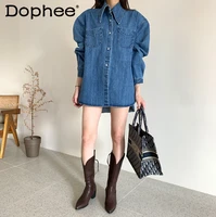 retro denim shirt women new korean style blusas spring and autumn blouse loose all match pointed collar puff sleeve jeans top