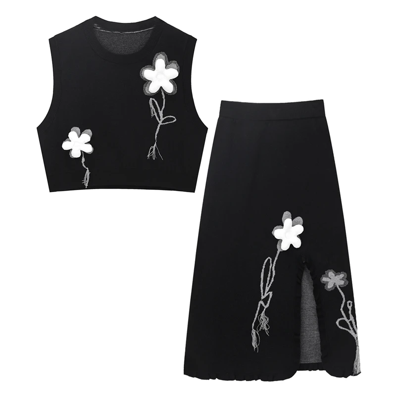 

Frocks For Women Skirt Suit Flower Decoration Knit Black Short Vest Elastic Waist A-line Mid-length Knitwear Split Fork Skirt