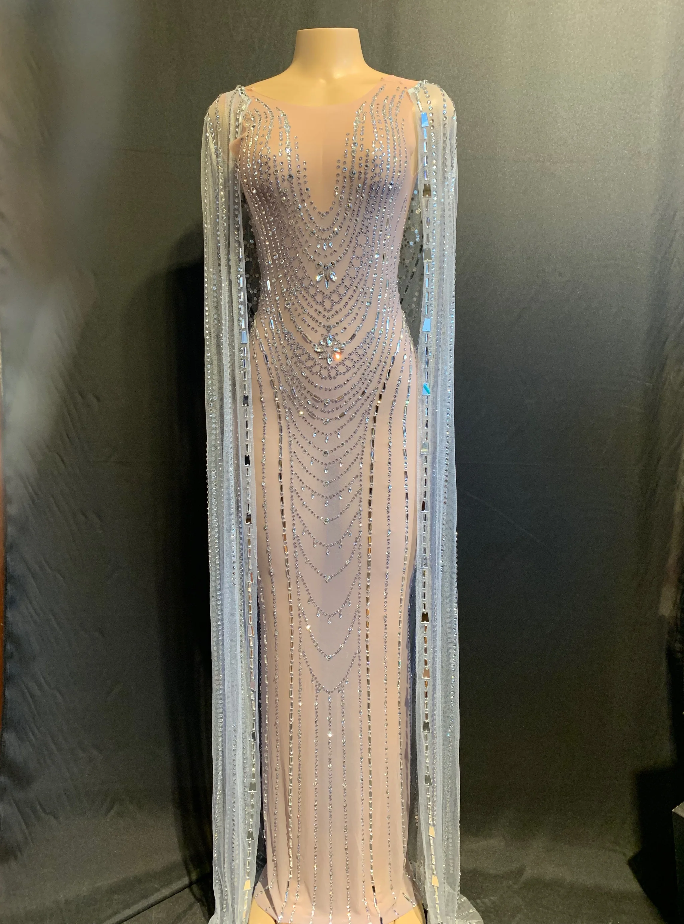 

Sparkling Rhinestone Cloak Dress 2021 Net Yarn Maxi Dress Prom Show Birthday Celebrate Party Crystal Stage Performance Costume