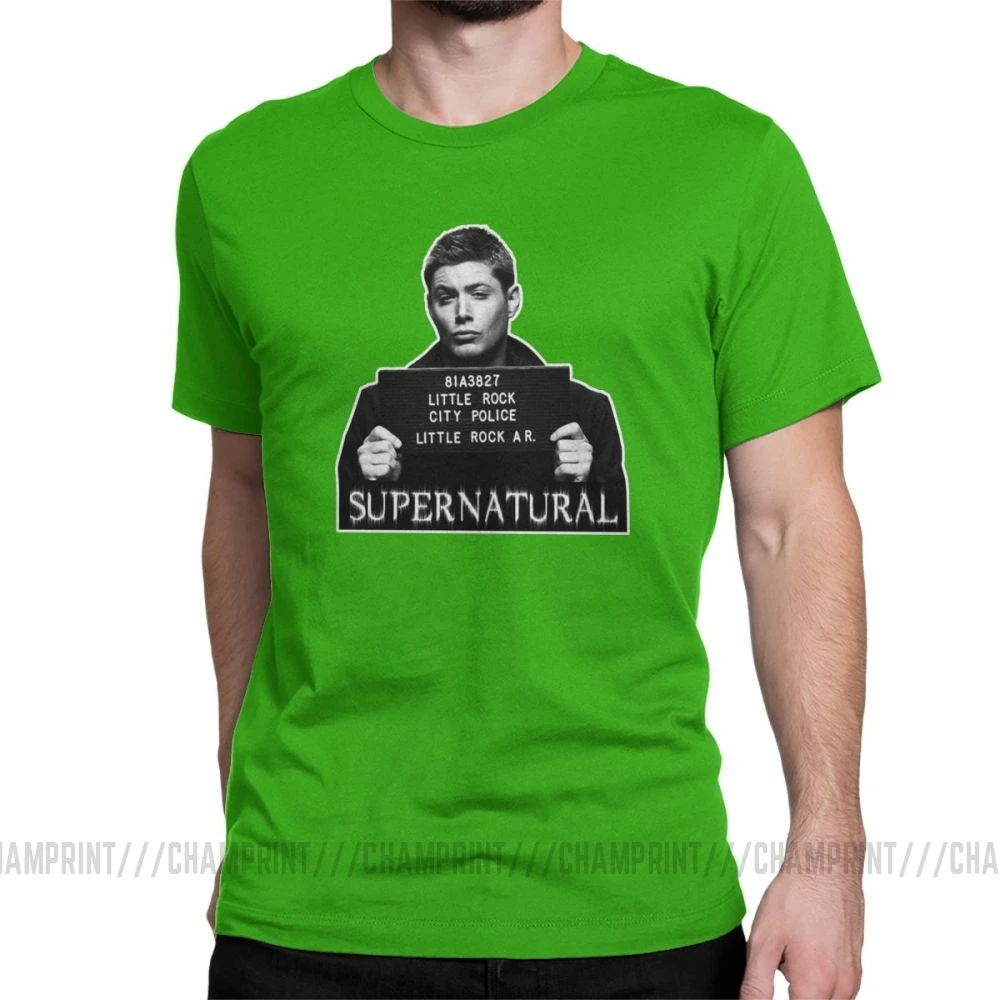 Dean Mugshot футболка Сверхъестественное SPN Brothers футболка мужские топы размера плюс забавная футболка с круглым вырезом из чистого хлопка - Цвет: Зеленый
