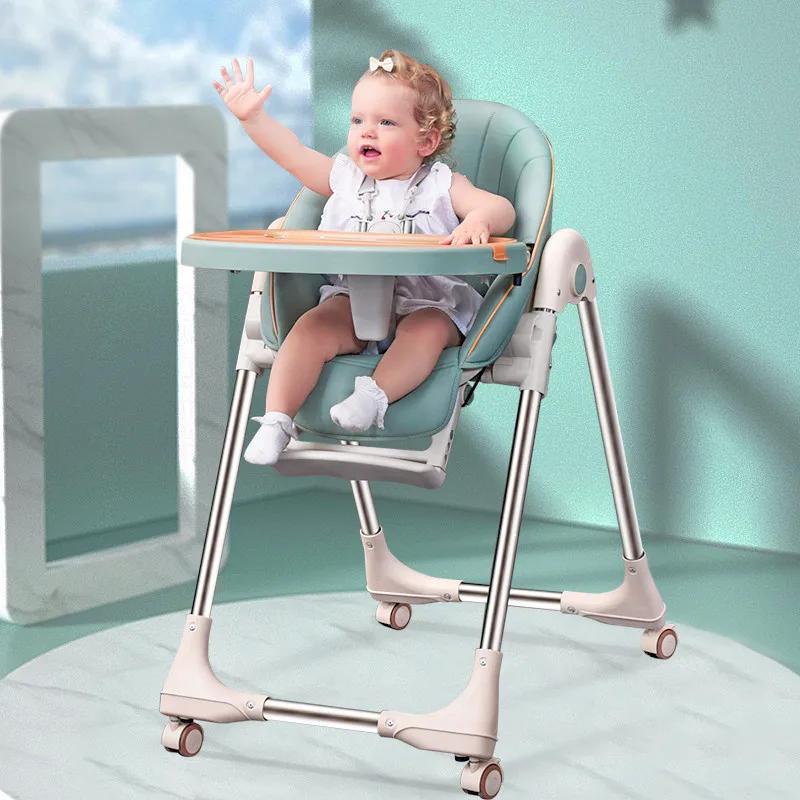 Multifunctional Baby High Chair Adjustable Removable Baby Dining Chair Foldable Infant Stool Seat PU Cushion With Wheels Sleep