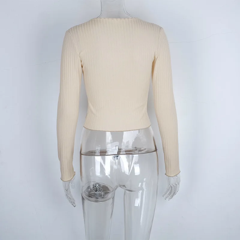 

Open Stitch Long Sleeve Women Shirts Button V-neck Knitted Blouse Casual Cropped Top Fall Winter 2021 Missnight