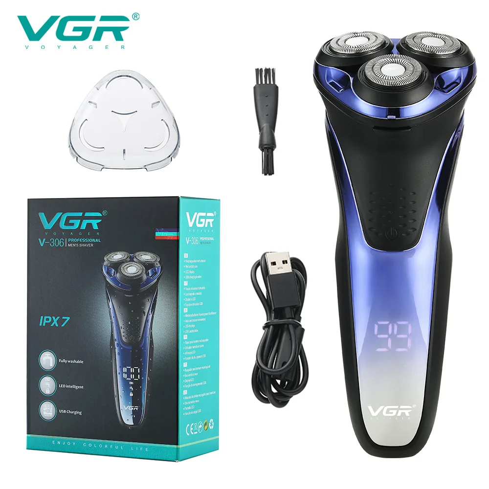 

VGR 3Cutter Heads Wet Dry Shaving Machine Rechargeable Electric Shaver Portable Electric Razor for Men Beard Washable USB Charge