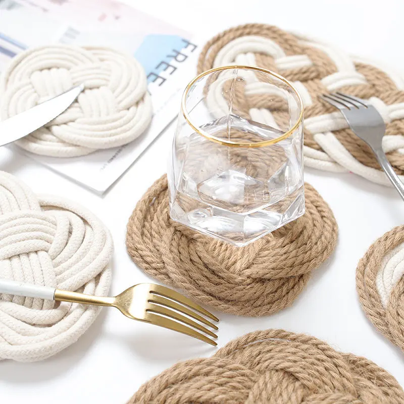 

50pcs Handmade Woven Cotton Thread Jute Table Mat Dining Table Placemats Insulation Pads Cup Coaster Dinner Decorations