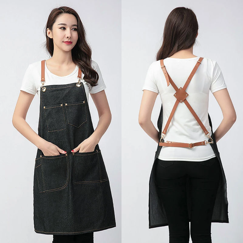 

Fashion Korean Denim Women Aprons Kitchen Restaurant Cooking Aprons With Pocket Work Apron Waiter Kitchen Cook Tool U2160