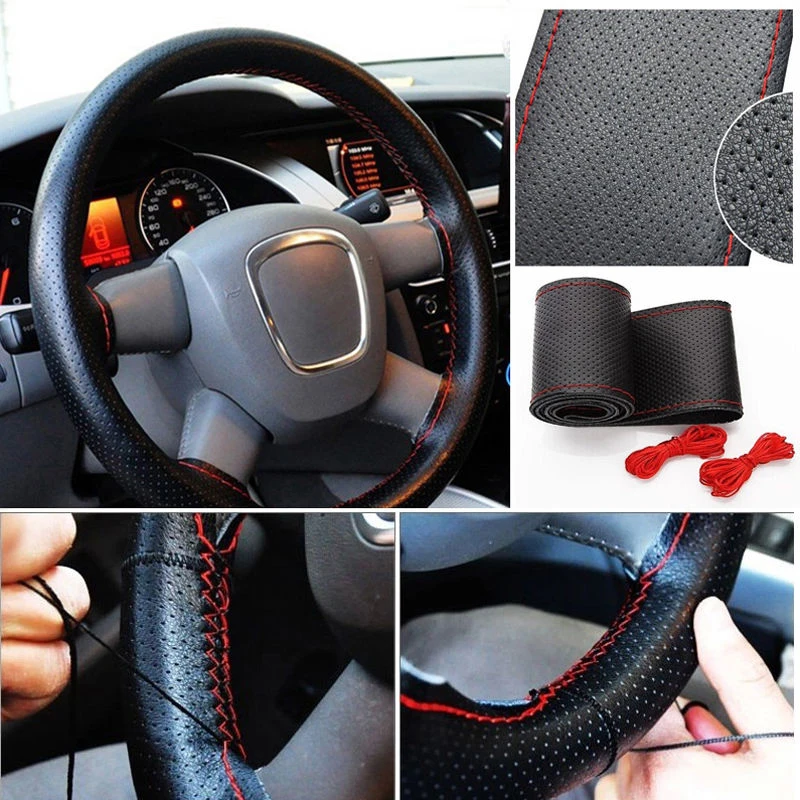 

37-38cm Car Steering Wheel Suite Braid Cover Needles Thread Artificial Leather Covers Soft Auto Accessories Steering Protection