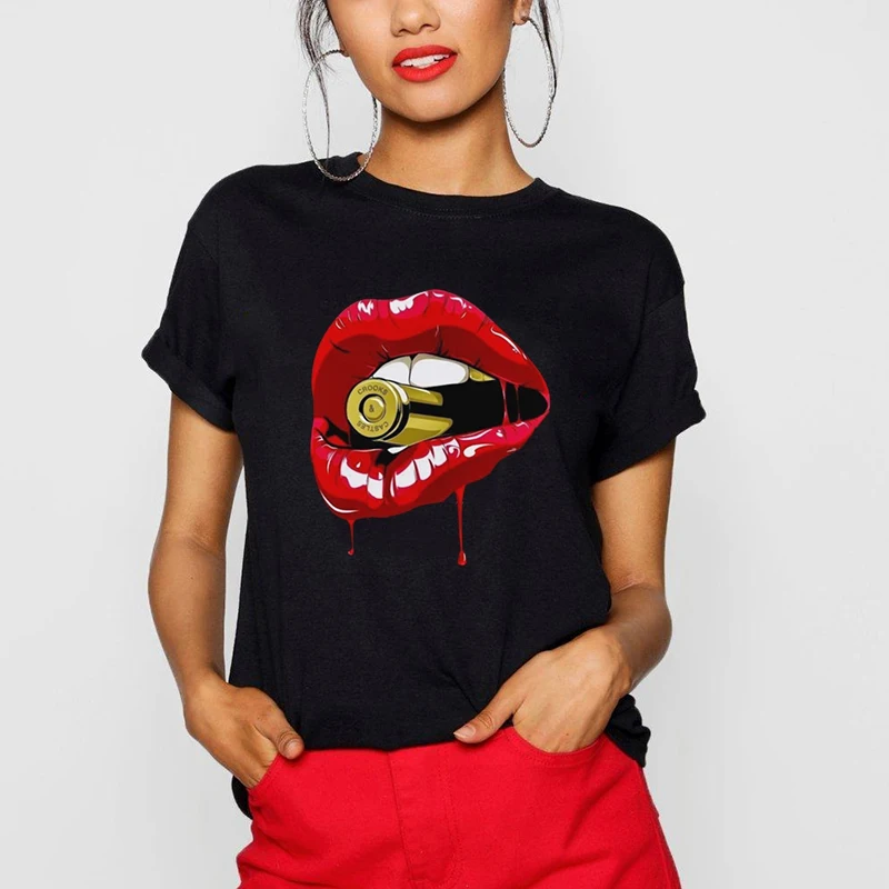 Camisetas Mujer Ulzzang хлопковая Футболка с принтом красных губ и макияжа женская летняя