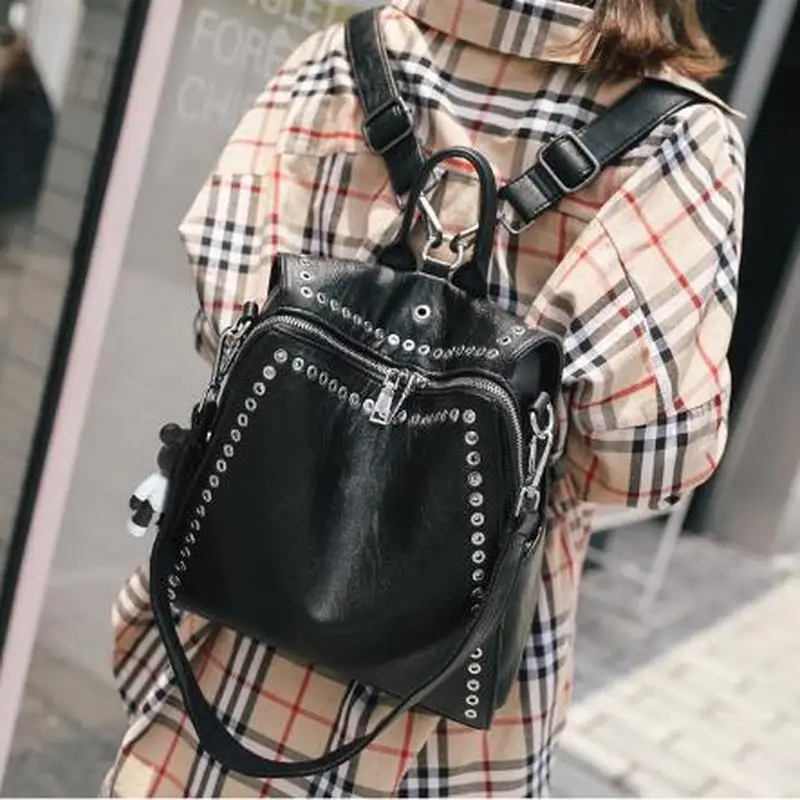 

SENMEIXI Women Genuine Leather Backpack Rivet Multifunctional Backpack Female Travel Bag Teenage Girls Fashion Schoolbag Mochila