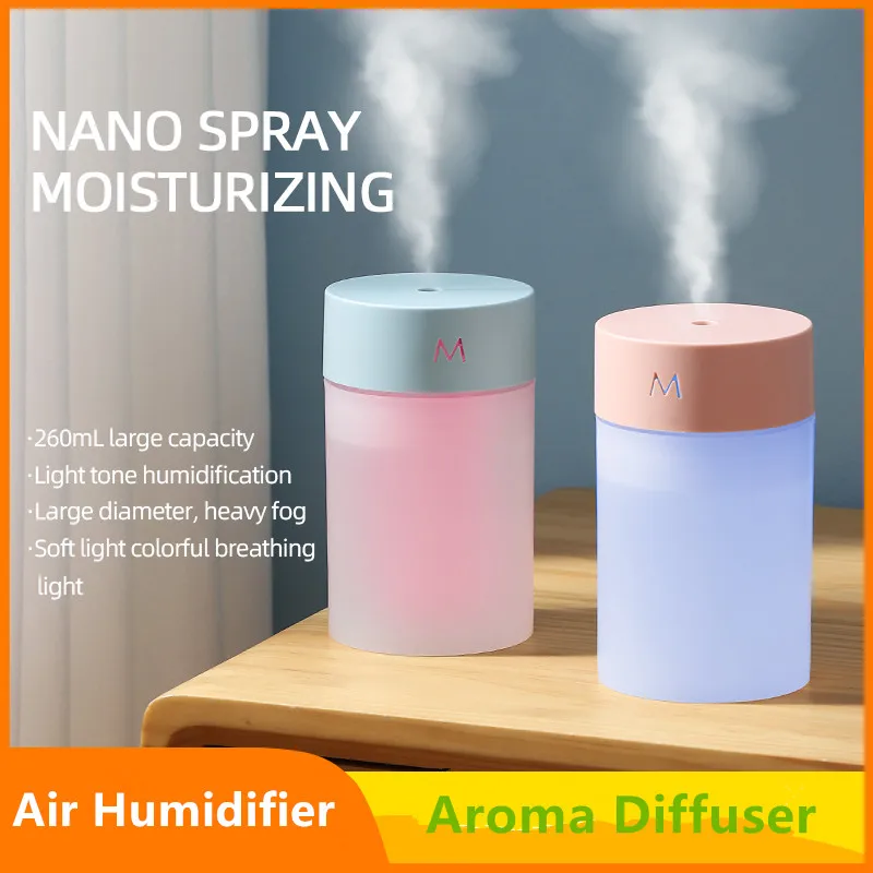 Humidificador de aire ultrasónico de 260ML, minidifusor de aromaterapia, pulverizador portátil, atomizador de aceite esencial con USB, lámpara LED para el hogar y el coche