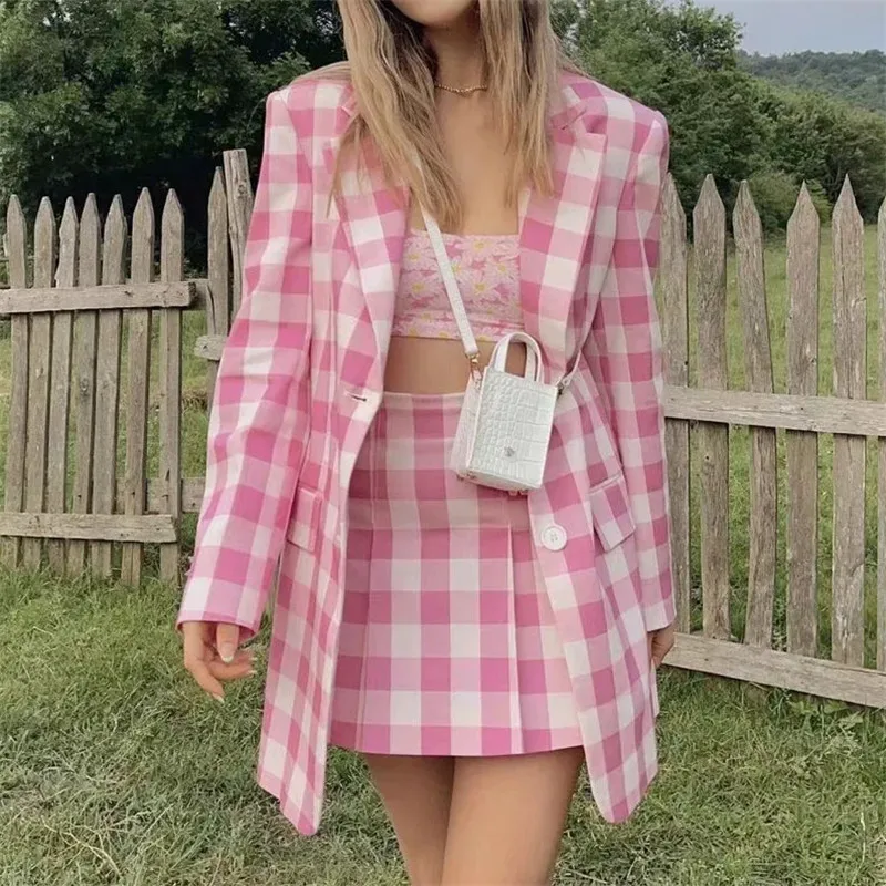 

Merodi Cute Girl Fad Za Pink Plaid Long Jackets Outwear Office Ladies Double Pockets Long Sleeve Loose Casual Chic Blazers