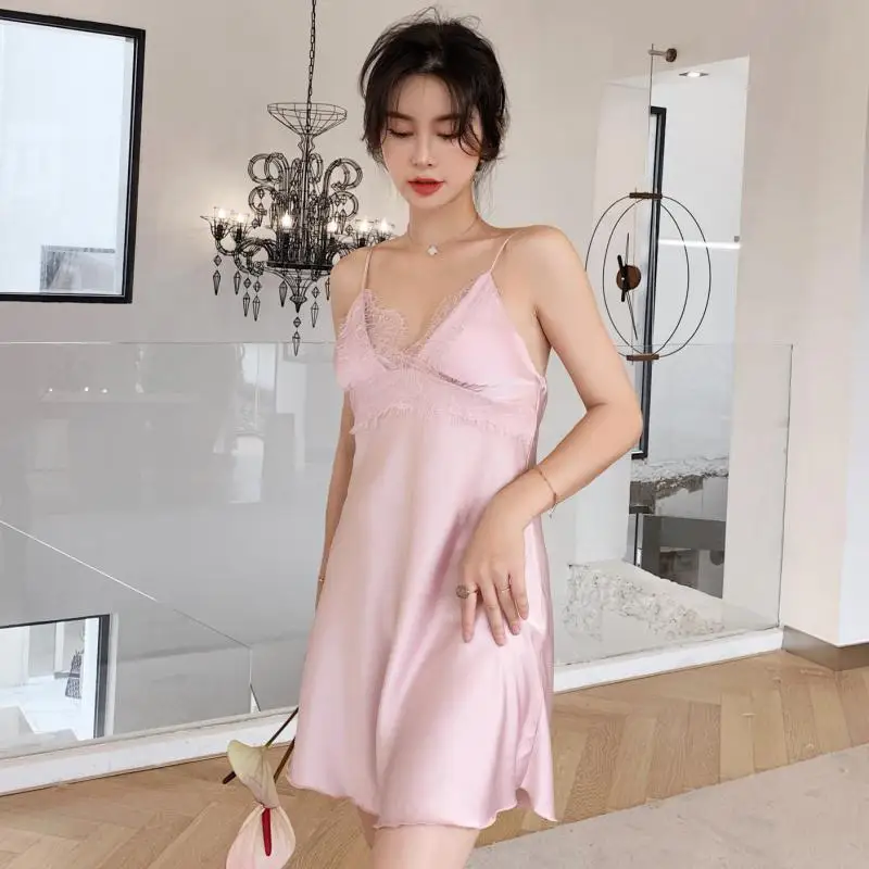 

Атласная шелковая ночная рубашка, кружевная ночная сорочка на бретелях-спагетти, женская одежда для сна, интимное белье, мягкая ночная руба...