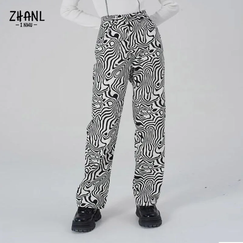 

Y2k Zebra Print Women High Waist Jeans Pants 2022 New Fashion Female Trousers Ladies Casual Denim Straight Sweatpants Streetwear