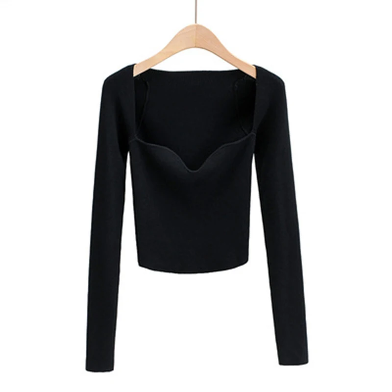 

Spring Autumn Sexy Low Cut Kint Ribbed Top Women Sweater Long Sleeve T-Shirt Elegant Harajuku Street Casual Basic V Neck Top