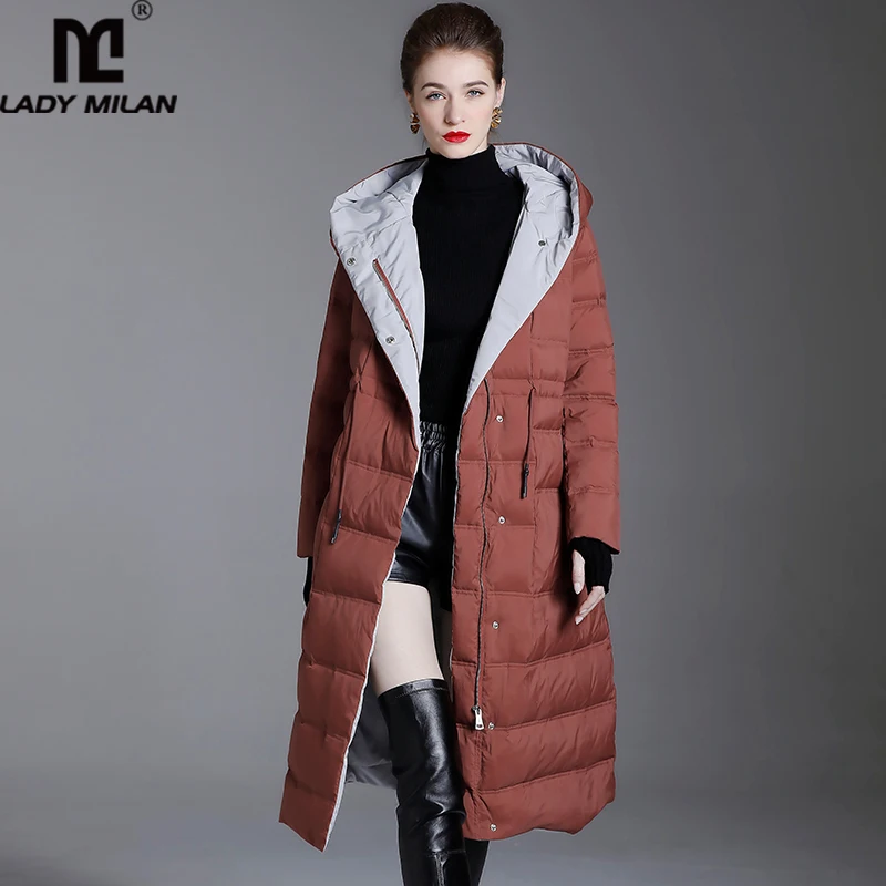 

Women's Winter Runway Down Coats Hooded Collar Long Sleeves White Duck Downs Fashion Overcoat Outerwear Parkas