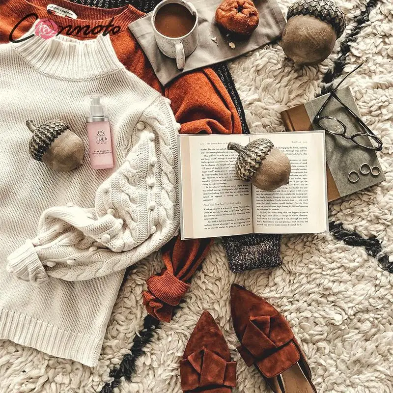 Conmoto Casual Knitted Sweater Women Solid White Autumn Winter 2019 Jumpers Vintage Lantern Sleeve Pompom Pull Femme | Женская одежда