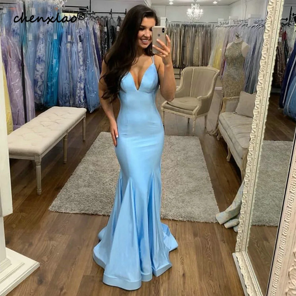 

Simple Blue Satin V-neck Evening Dresses Long Mermaid Slim Fit Evening Party Gowns Customized Floor Length Women Formal Dress