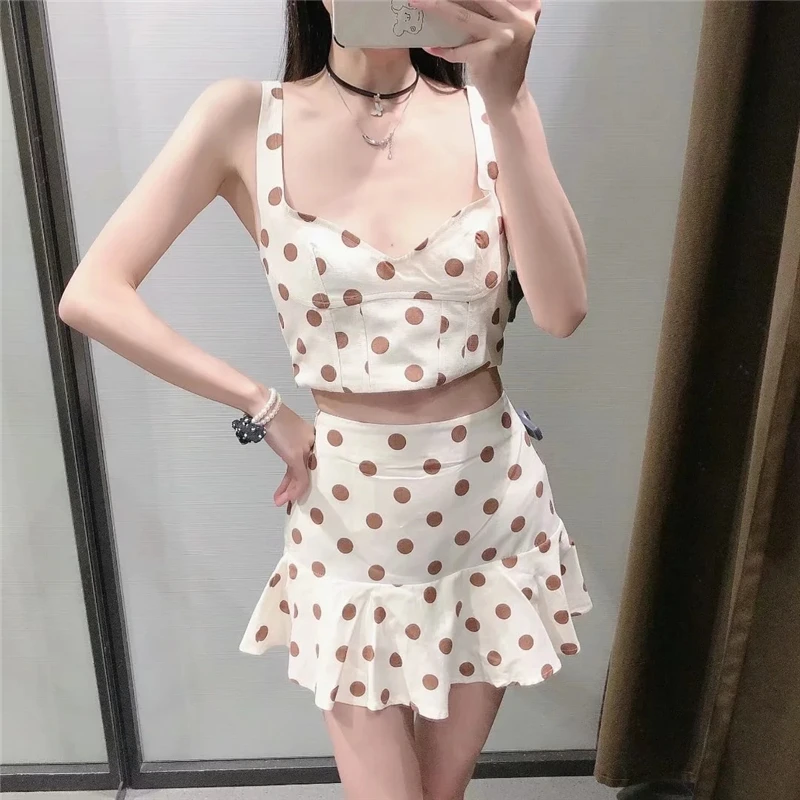 

KRSB ZA 2021 Summer Beige Red Polka Dot Square Neck Suspender Pleated Strapless Zipper Aline Design Skirt Suit Cute Sweet Casual