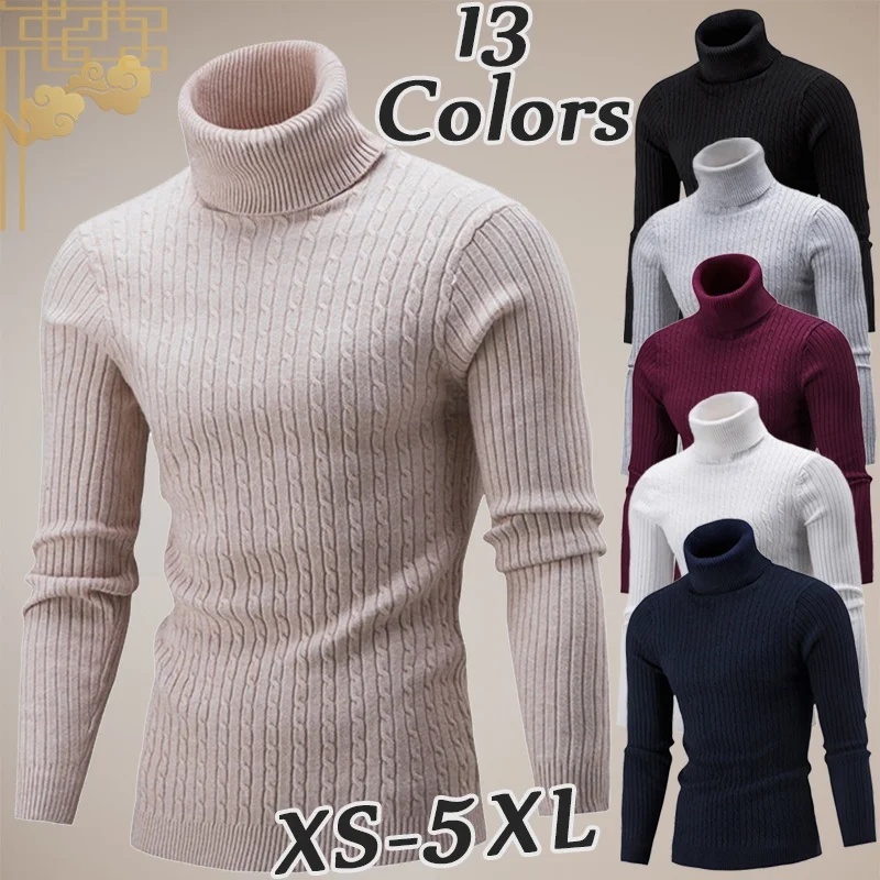 Men's Casual Turtleneck Pullover Sweaters Long Sleeve Slim Fit Solid Color Sweater Tops