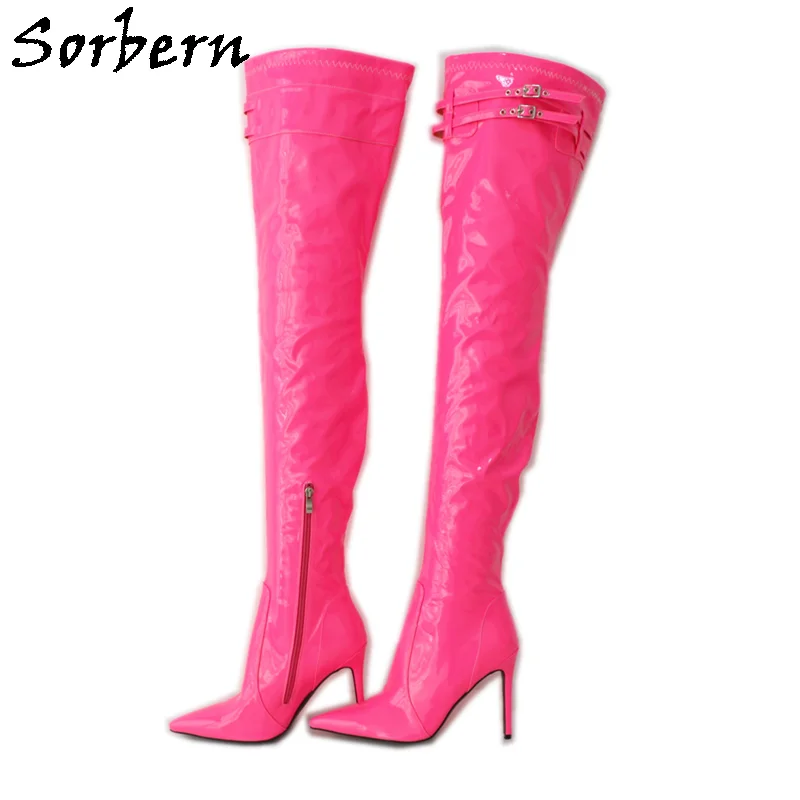 

Sorbern Neon Patent Leather Thigh High Boots Women High Heel Stilettos Pointy Toes Ladies Boots Custom Wide Legs Shaft Length