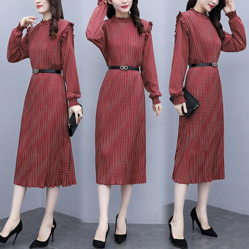 

Женское платье с длинным рукавом, круглым вырезом и высокой талией