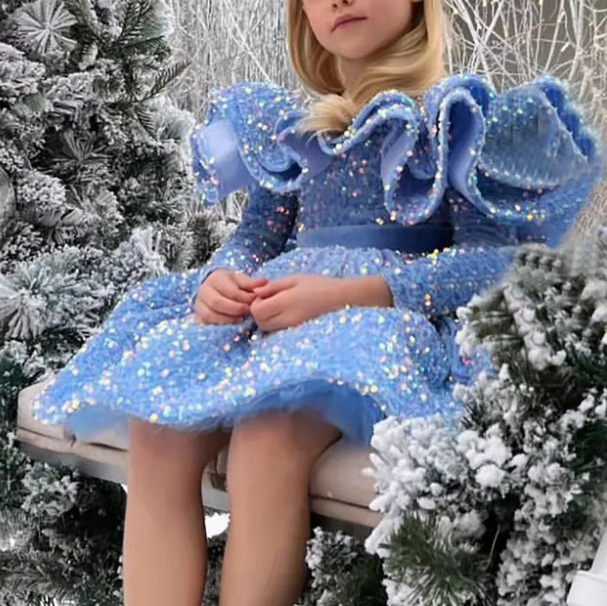 

Blue Glitter Illusion Lush Girl Party Dresses Elegant Fluffy Girl Princess Dress Shiny luxurious Birthday Wedding Dress Girl